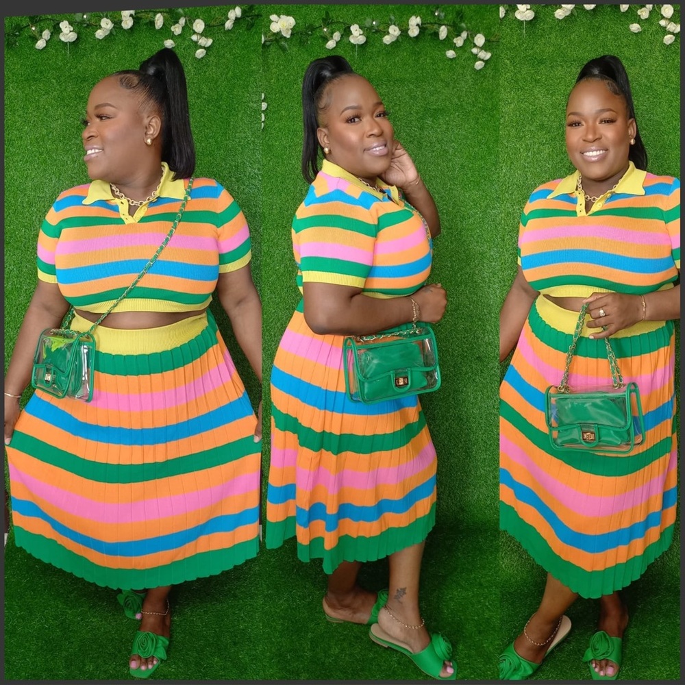 Women’s Colorful Rainbow Striped Cropped Shirt & Pleated Maxi Skirt Set Sz Large - Picture 11 of 12